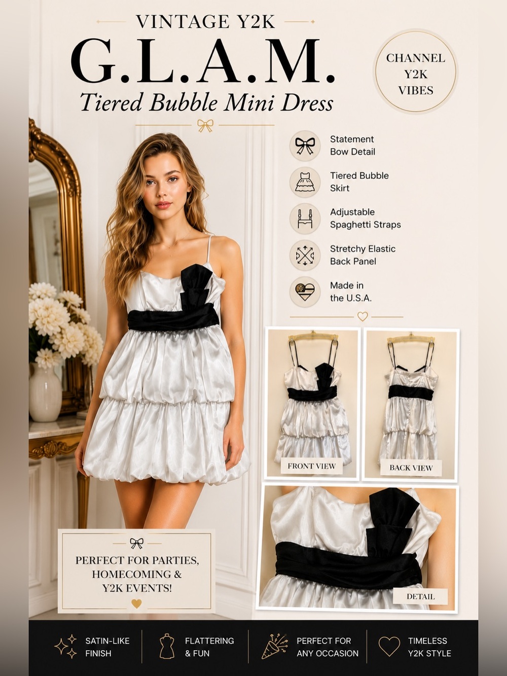 Vintage Y2K G.L.A.M. Black & White Satin Tiered Bubble Mini Dress